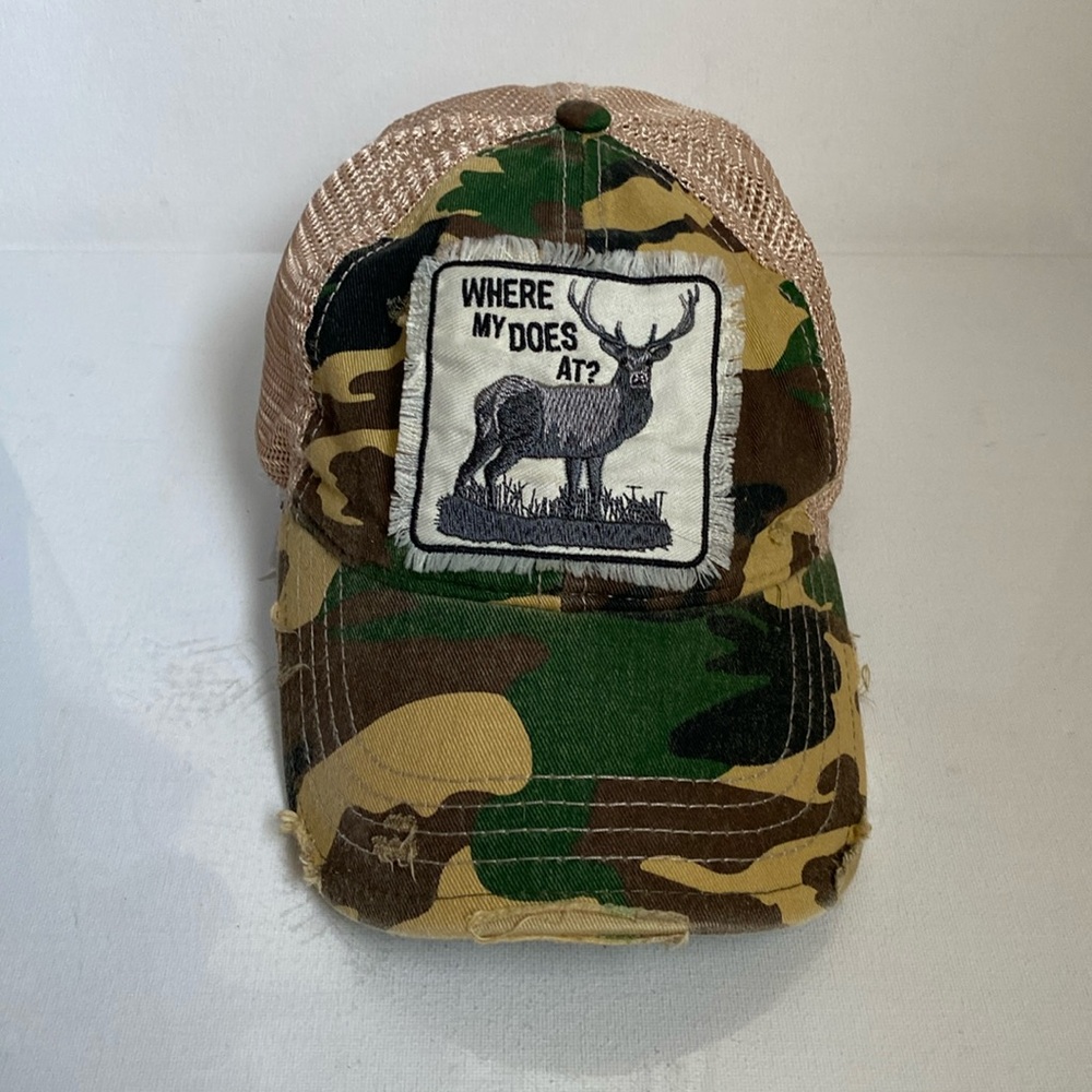 Mason Jar Where My Does At? Camo Trucker Distressed Trucker Hat